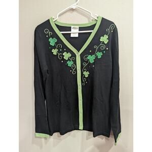 Pretty black v-nexk cardigan w/green trim & shamrocks embroidery size Medium